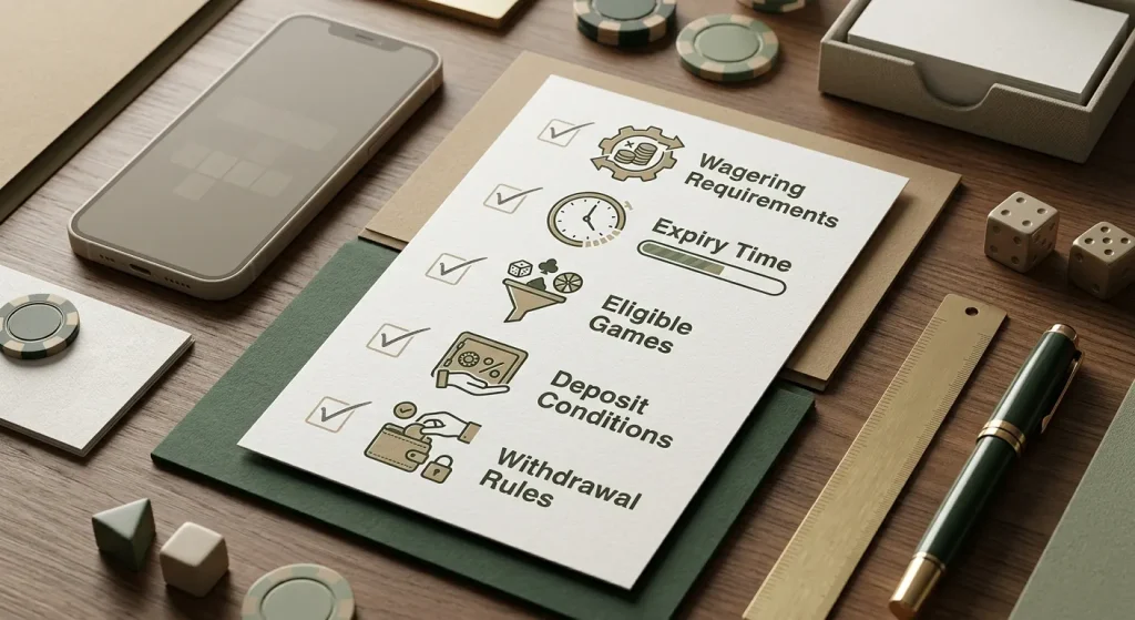 Checklist illustration for assessing casino bonus terms including wagering, expiry and eligibility