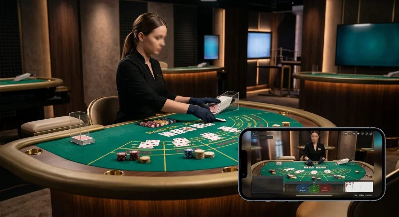 Illustration of a live baccarat table viewed on desktop and mobile screens