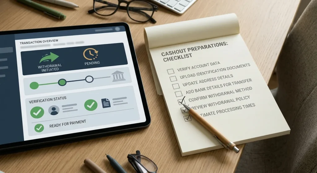 Withdrawal checklist showing account verification, cashier status and timing checks